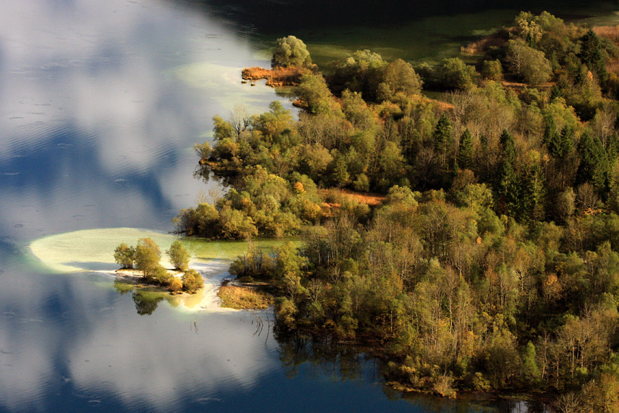 Jesen ob jezeru V.
Še en posnetek z "Nosa" pod Pršivcem. Močvirnati svet v Ukancu, kjer s Savica zliva v jezero.
Ključne besede: bohinj jezero