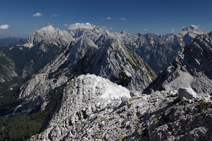 S poti na Bavški Grintavec
Tu sva pravzaprav že sestopala. Pogled proti Srebrnjaku, Trentskemu Pelcu, Prisanku, pa vse do Triglava.
Ključne besede: bavški grintavec srebrnjak trentski pelc prisank prisojnik triglav