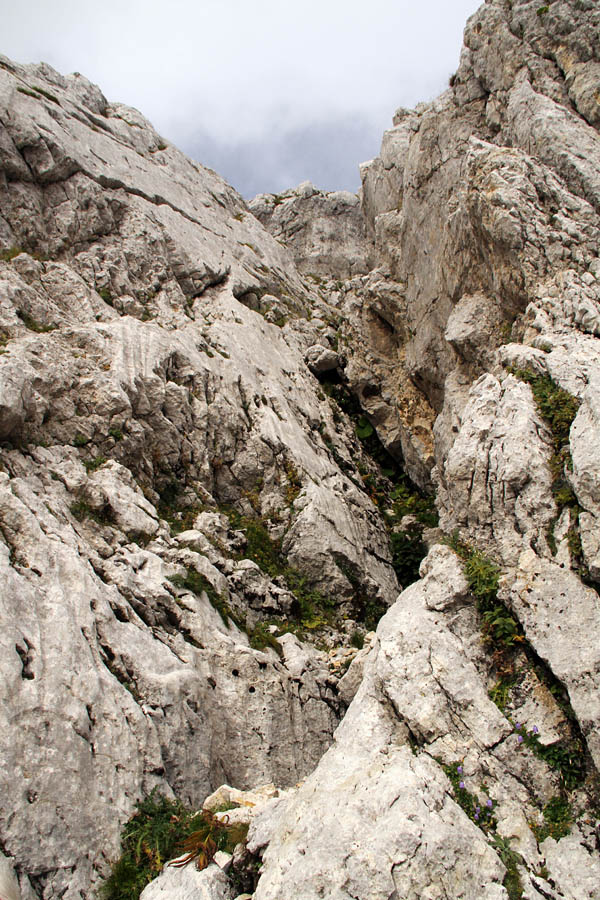 V žlebu
Ključno mesto brezpotne smeri s sedla Luknja proti Pihavcu. Žleb je kar precej težaven, naprej proti vrhu so težave manjše. Tik pri vstopu v žleb je spominska plošča Tinetu Miheliču.
Ključne besede: sedlo luknja pihavec