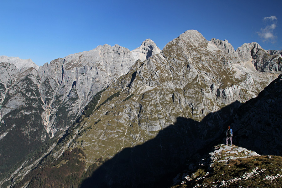 Na balkončku III.
Razgledi z balkončka nad Zadnjico v severni steni Kanjavca. Prisank, Razor in Pihavec.
Ključne besede: severna stena kanjavca pot mire marko debelakove kanjavčeve police prisank prisojnik razor pihavec