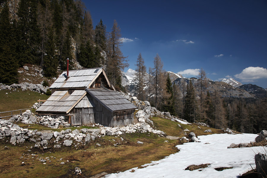 Planina Viševnik
Eden od stanov na planini Viševnik. Planina je v prisojah kopna, v osojah pa je še sneg. Tudi spust iz Pršivca poteka večinoma po snegu.
Ključne besede: planina viševnik