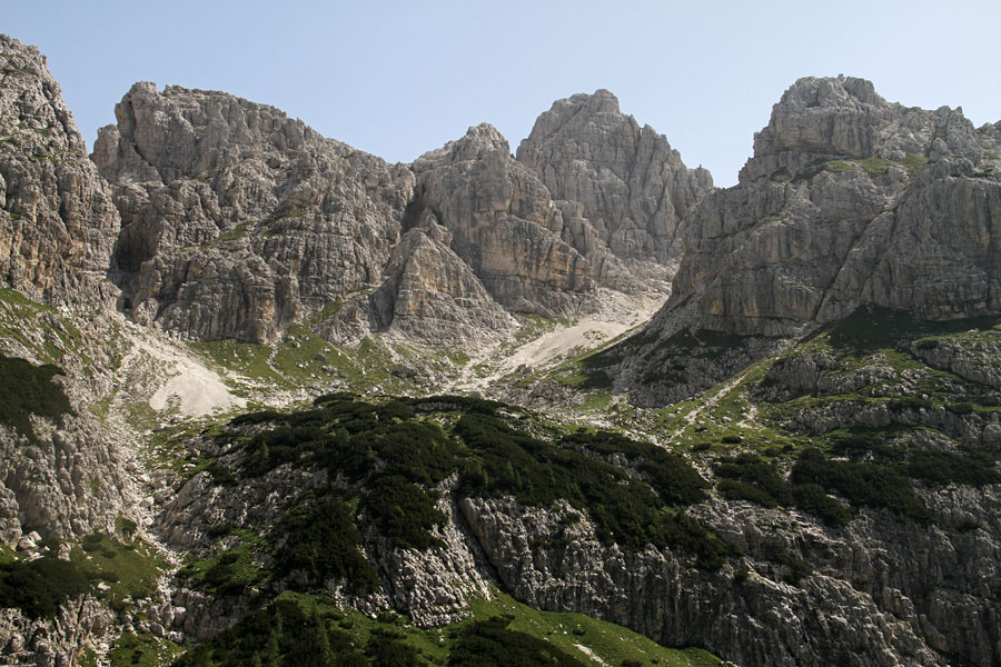 Proti Krniški škrbinici
Pogled nazaj proti Krniški škrbinici med Trbiško Krniško špico in Rabeljsko Krniško špico.
Ključne besede: krniška škrbinica trbiška krniška špica rabeljska